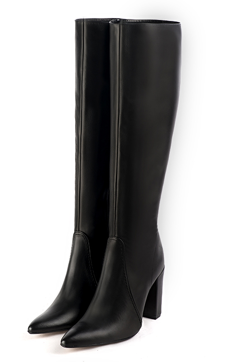 Satin black women's feminine knee-high boots. Tapered toe. Very high block heels. Made to measure - Florence KOOIJMAN
